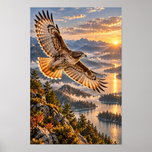 Poster Faucon S'Envole Au-Dessus Des Lacs De Montagne Au