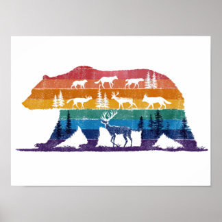 Poster Faune Ourson Vintage – Silhouette de Forêt Rétro