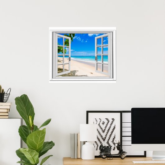 Poster Fausse Fenêtre Avec Vue Océan Plage Tropicale (Bureau à domicile)