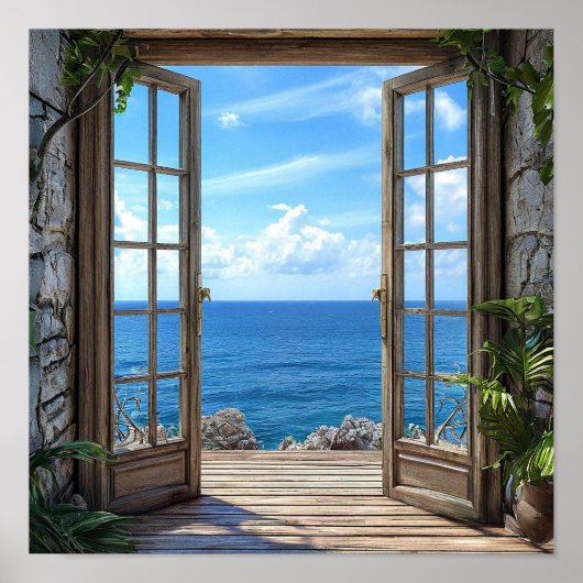 Poster Fausse fenêtre Décor de maison Paysage côtier de p (Devant)