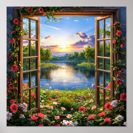 Poster Fausse fenêtre Paysage Vue de fenêtre Illusion Vue (Devant)