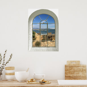 Poster Fausse fenêtre vue sur la plage rocheuse de l'océa