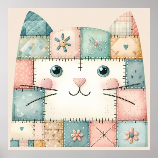 Poster Fausse Maisonnette Pastel Patchwork Visage de Chat (Devant)