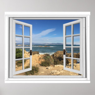 Poster Fausse vue de fenêtre sur une plage rocheuse océan