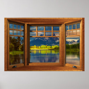 Poster Faux Bow Window Illusion - Scène de montagne