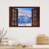 Poster Faux Faux Fenêtre de Chute de Neige fraîche Illusi (Cuisine)