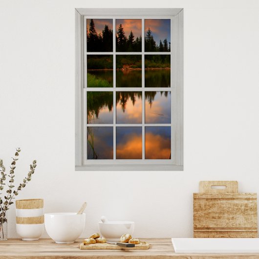 Poster Faux Faux Window Illusion - Scène de réflexion lac (Cuisine)