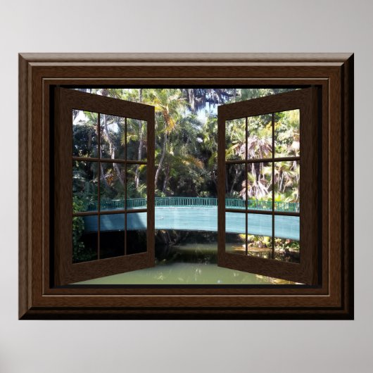 Poster Faux Fenêtre Vue Rivière paisible Footbridge Zen (Devant)