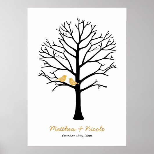 Poster Faux Gold Birds Black Fingerprint Tree Mariage (Devant)