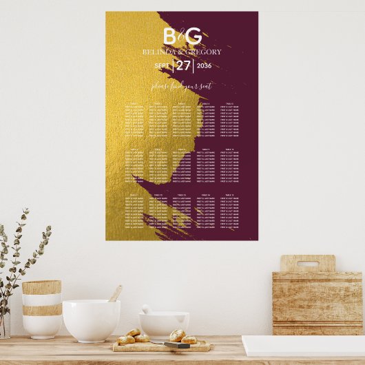 Poster Faux Gold Burgundy, Monogramme Mariage (Cuisine)