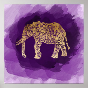 Poster faux gold elepher purple brusstroke