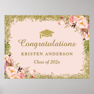 Poster Faux Gold Glitters Blush Pink Floral Graduation