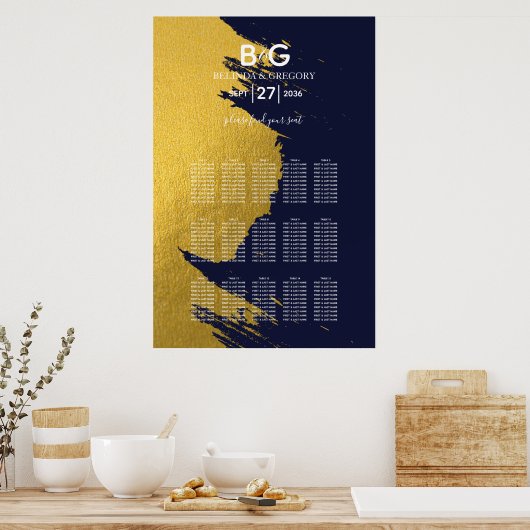 Poster Faux Gold Marine Blue Monogram Mariage Seing Chart (Cuisine)