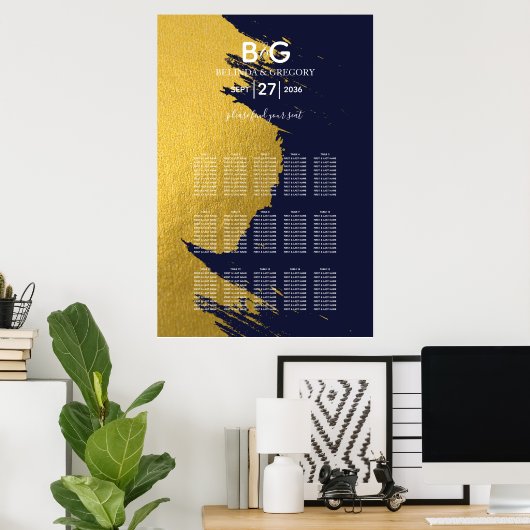 Poster Faux Gold Marine Blue Monogram Mariage Seing Chart (Bureau à domicile)