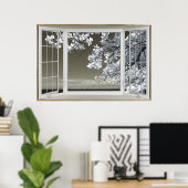 Poster Faux Illusion de fenêtre - Vue Ominse en fleurs bl (Bureau à domicile)