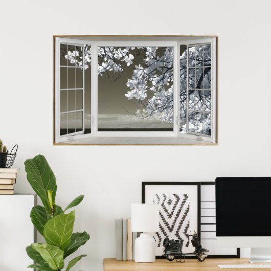 Poster Faux Illusion de fenêtre - Vue Ominse en fleurs bl (Bureau à domicile)