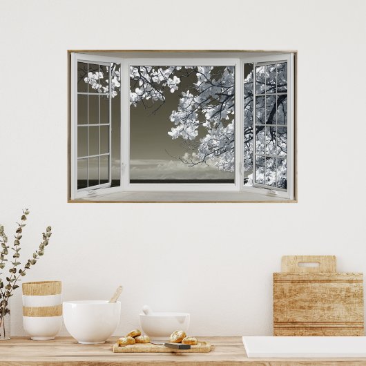 Poster Faux Illusion de fenêtre - Vue Ominse en fleurs bl (Cuisine)