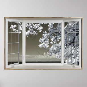 Poster Faux Illusion de fenêtre - Vue Ominse en fleurs bl
