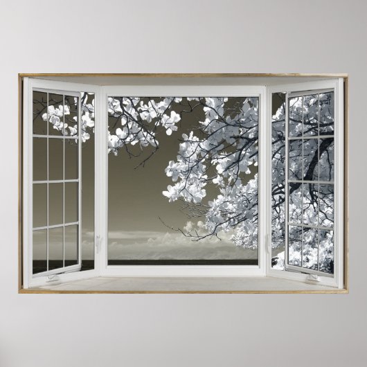 Poster Faux Illusion de fenêtre - Vue Ominse en fleurs bl (Devant)