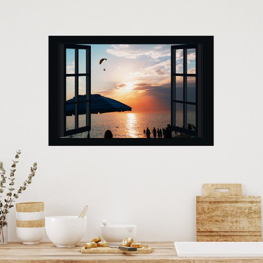 Poster Faux Window avec Beach Sunset Ocean (Cuisine)