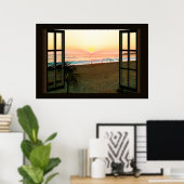 Poster Faux Window avec Beach Sunset Ocean (Bureau à domicile)