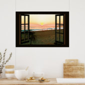 Poster Faux Window avec Beach Sunset Ocean (Cuisine)