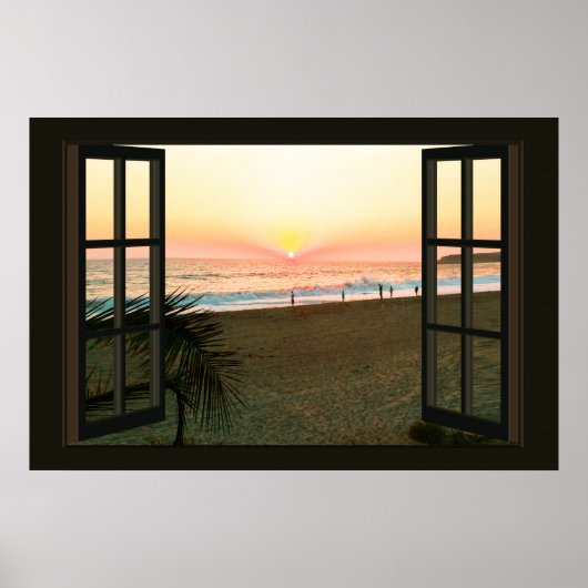 Poster Faux Window avec Beach Sunset Ocean (Devant)