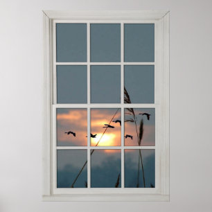 Poster Faux Window Bois Blanc Fenêtre Cadre Flock of Bird