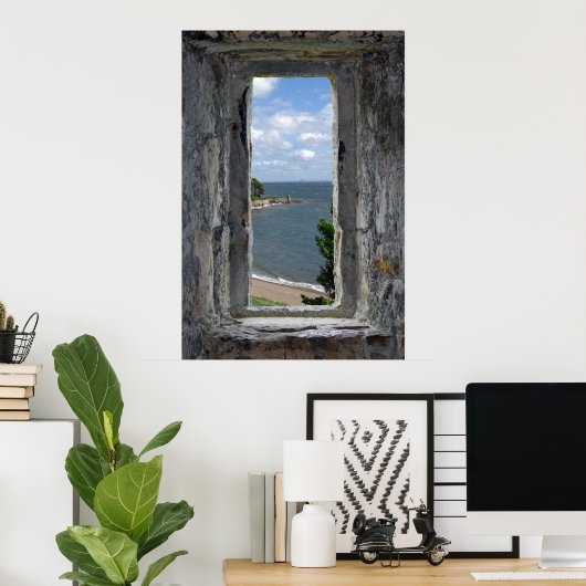 Poster Faux Window - Château Vue sur la plage (Bureau à domicile)