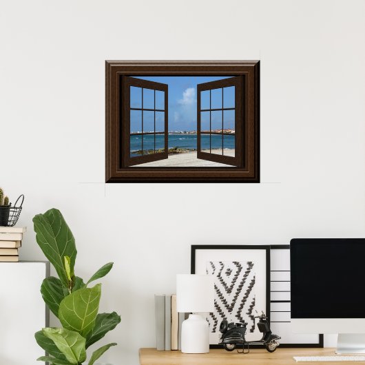 Poster Faux Window Tranquille Plage Vue Relaxante (Bureau à domicile)