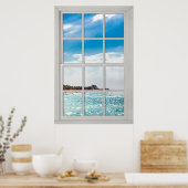 Poster Faux Window White Wood Window Frame Caribbean View (Cuisine)