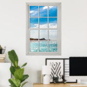 Poster Faux Window White Wood Window Frame Caribbean View (Bureau à domicile)