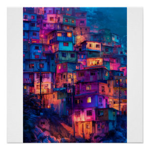 Poster Favela nocturne violette néon Collines urbaines vi