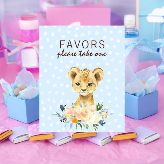 Poster Faveur Baby shower Lion Cub Floral Blue