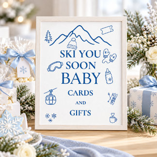 Poster Faveur de Baby Shower Garçon Bleu d'Hiver Ski You