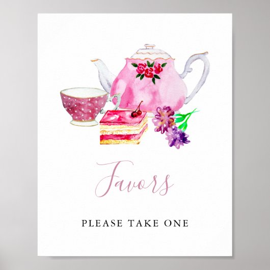 Poster Faveurs de Baby Shower Thème Thé Rose Aquarelle (Devant)