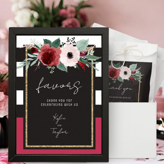 Poster Favor de mariage Fleur Magenta Rayure Noir et Blan