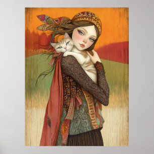 Poster *~* FD2 Automne Fille Automne Rétro Chat Kitten 17