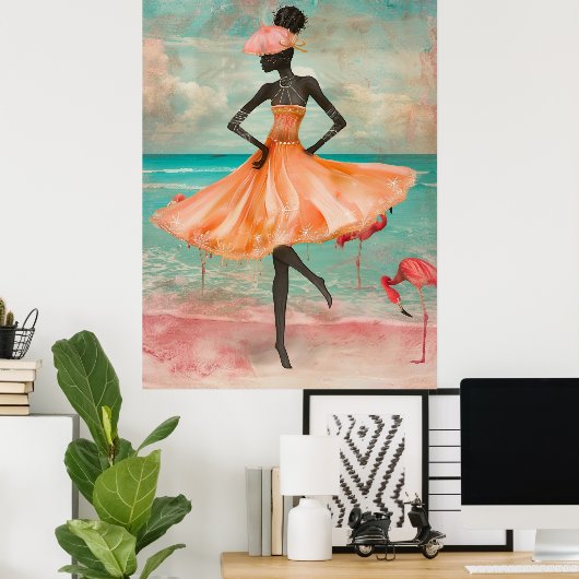 Poster *~* FD2 Flamant rose rose Femme noire tropicale 28 (Bureau à domicile)