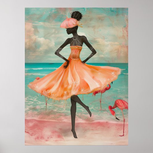 Poster *~* FD2 Flamant rose rose Femme noire tropicale 28 (Devant)