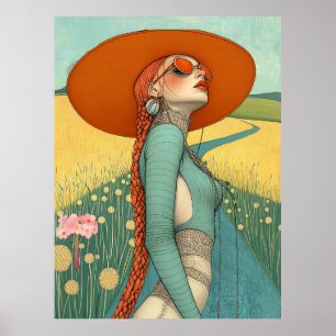 Poster FD2 Rétro Fille Art Fantaisiste Vintage Floral 33
