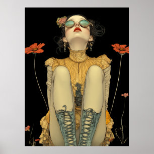 Poster FD2 Rétro Fille Fantaisiste Art 26 Floral Vintage 