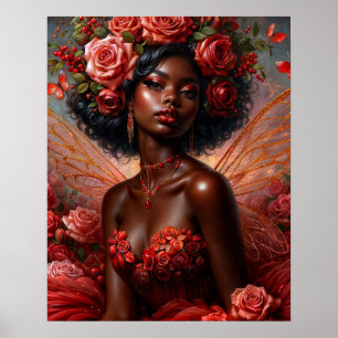 Poster Fée à la peau foncée avec des roses rouges