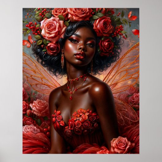 Poster Fée à la peau foncée avec des roses rouges (Devant)