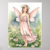 Poster Fée à l'aquarelle rose dans un champ de fleurs sau (Devant)