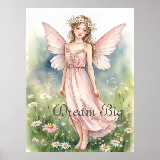 Poster Fée à l'aquarelle rose dans un champ de fleurs sau (Devant)