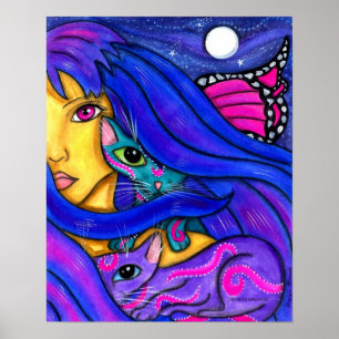 Poster Fée bleue et ses chats