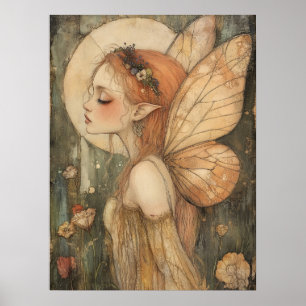 Poster Fée de la Forêt Vintage avec Couronne de Fleurs Ar