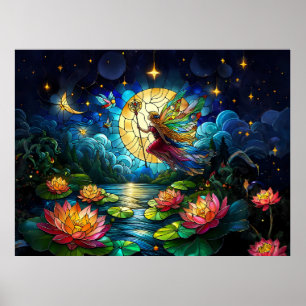 Poster Fée de vol au clair de lune en verre coloré