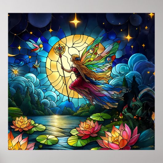 Poster Fée de vol au clair de lune en vitrail (Devant)